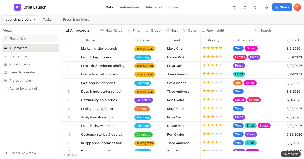 Screenshot of the Airtable demo