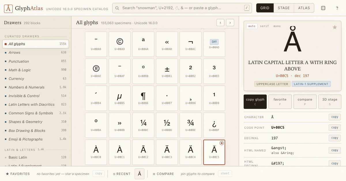 Screenshot of the Unicode Glyph Catalog demo