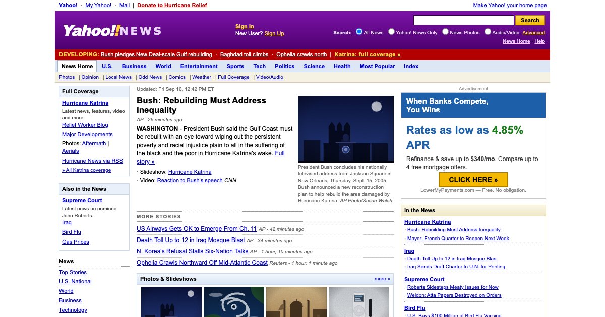 Screenshot of the Yahoo News Early 2000s Landing Page demo